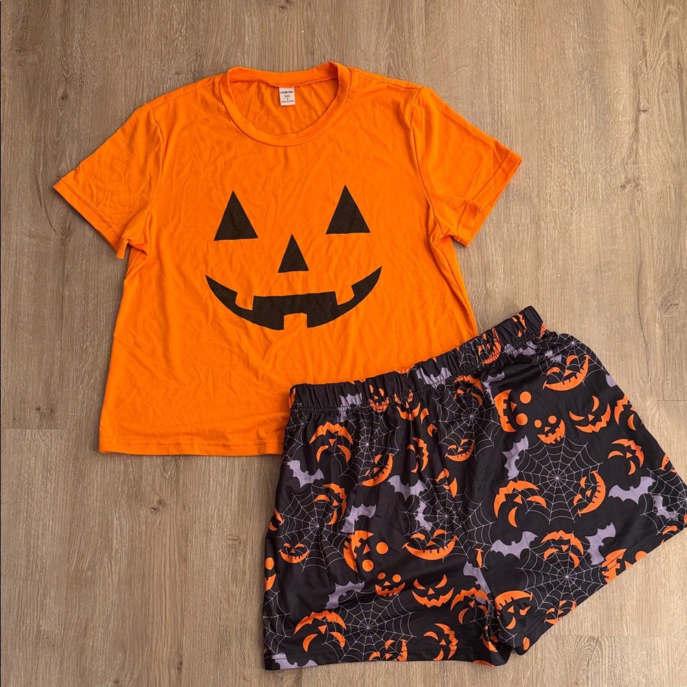 Orange Pumpkin Face Pajama Set - Women